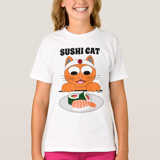 SUSHI CAT Cartoon Cat Eats Sushi Funny T-Shirt (Front)