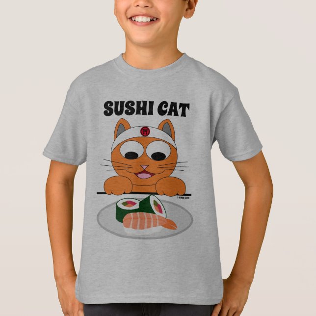SUSHI CAT Cartoon Cat with Sushi Funny T-Shirt (Front)