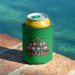 Sushi Christmas Celebration - Festive 8-Bit Design Can Cooler