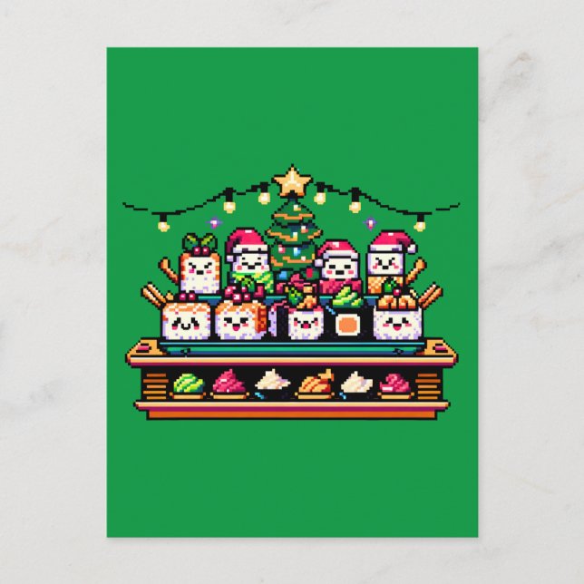 Sushi Christmas Celebration - Festive 8-Bit Design Postcard (Front)