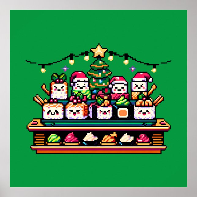 Sushi Christmas Celebration - Festive 8-Bit Design Poster (Front)