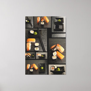 Sushi collection on black background canvas print