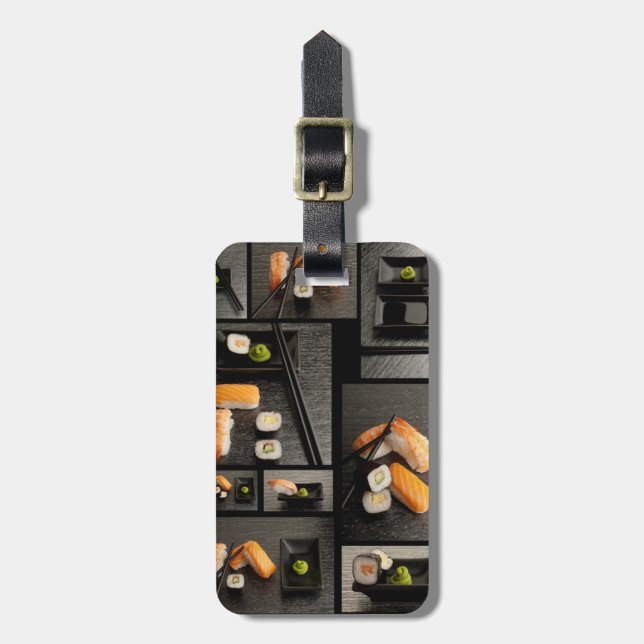 Sushi collection on black background luggage tag (Front Vertical)