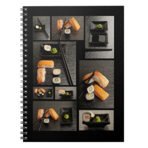 Sushi collection on black background spiral notebook