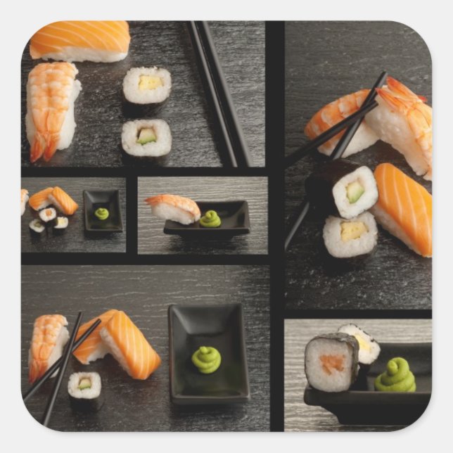 Sushi collection on black background square sticker (Front)