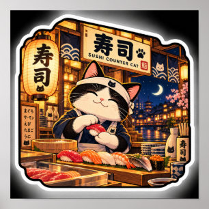 Sushi Counter Cat Poster Japanese Sushi Bar Art