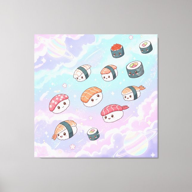 Sushi Flying in Pastel Galaxy Sky Canvas Print (Front)