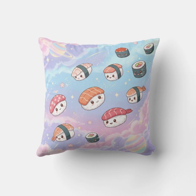 Sushi Flying in Pastel Galaxy Sky Cushion (Back)