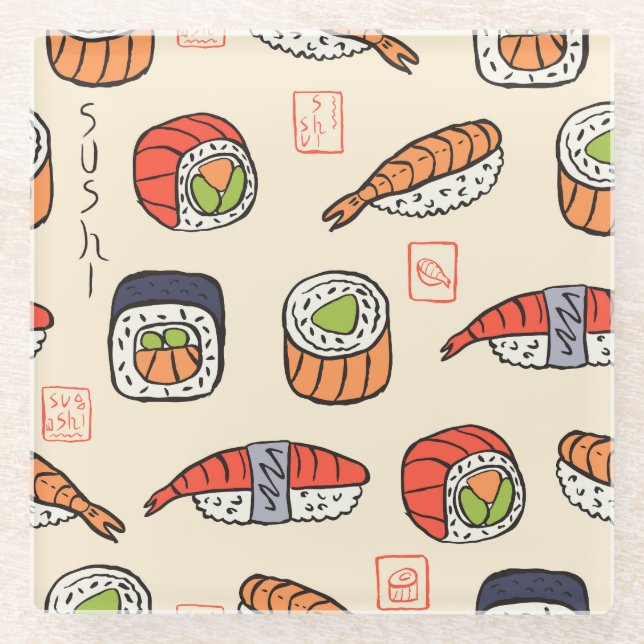 Sushi food, seamless pattern design. glass coaster (Front)