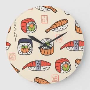 Sushi food, seamless pattern design. large clock