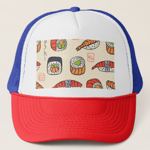 Sushi food, seamless pattern design. trucker hat