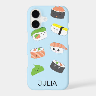 Sushi Joy: Blue Kawaii-Style Illustrated Phone Cas