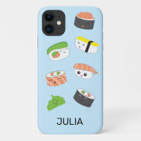 Sushi Joy: Blue Kawaii-Style Illustrated Phone Cas