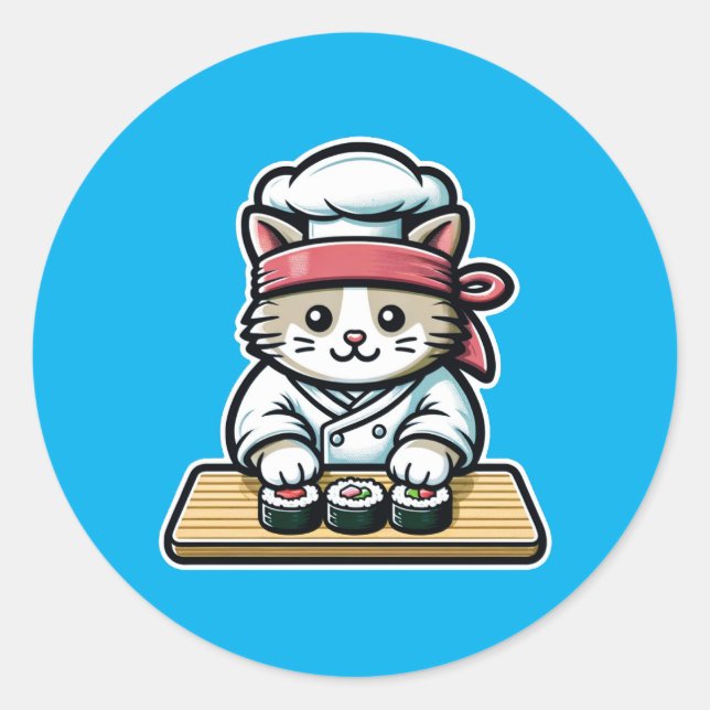 Sushi-Making Cat: Humorous Chef Art Classic Round Sticker (Front)