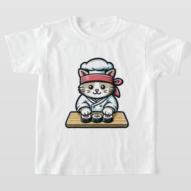 Sushi-Making Cat: Humorous Chef Art T-Shirt (Laydown)