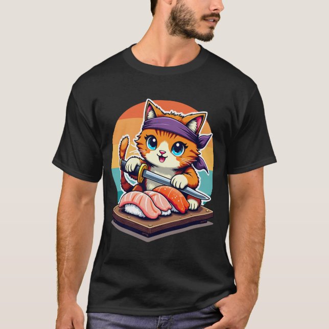 Sushi Master Cat with Sunset holding Katana knife T-Shirt (Front)