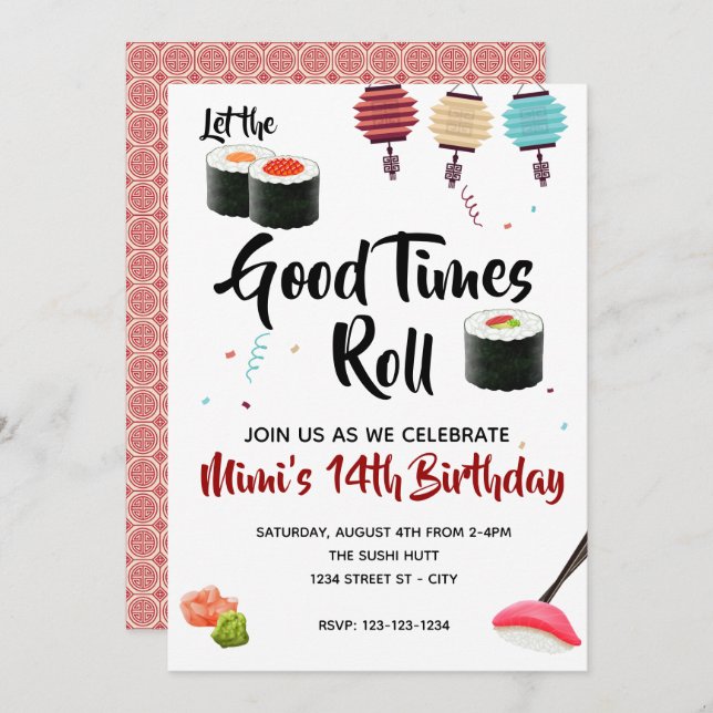 Sushi Party Invite, Birthday Invitation (Front/Back)