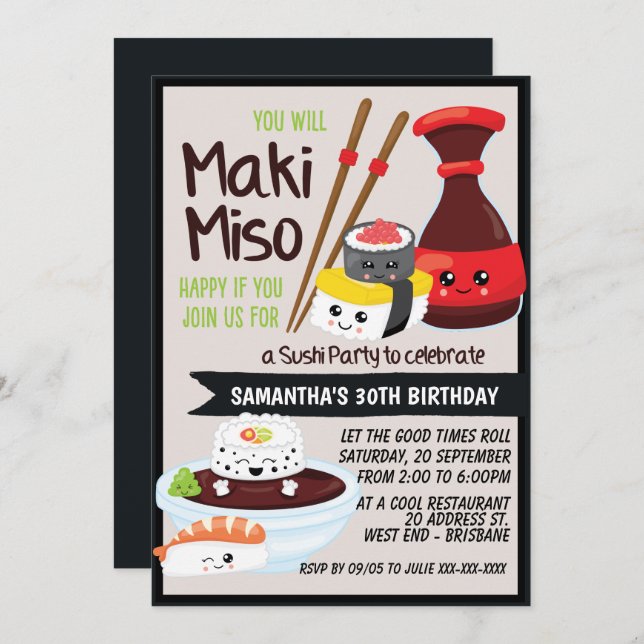 Sushi Party Kawaii Invitation (Front/Back)