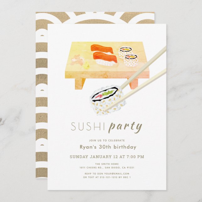 Sushi Party Modern White & Gold Birthday Invitation (Front/Back)