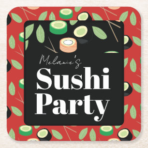 Sushi Party Rolls Birthday Name Square Paper Coaster