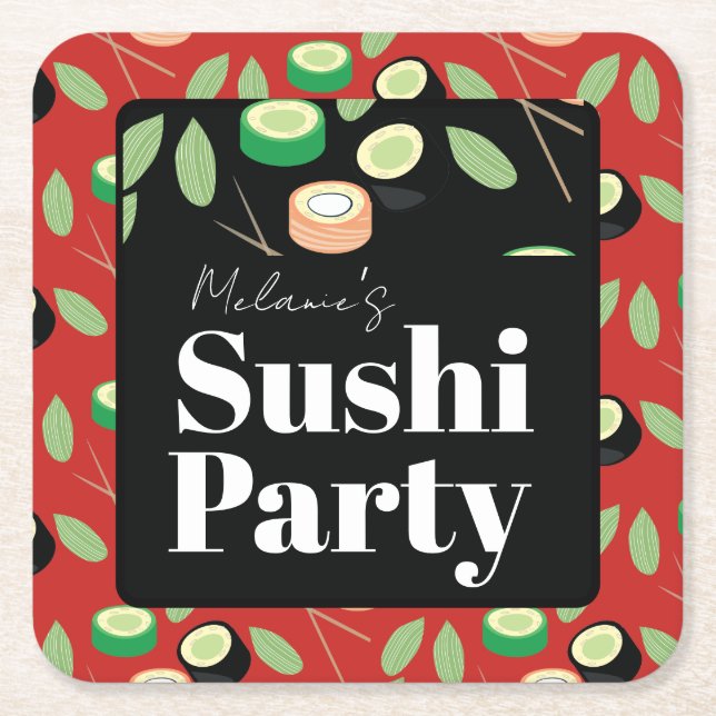 Sushi Party Rolls Birthday Name Square Paper Coaster (Front)