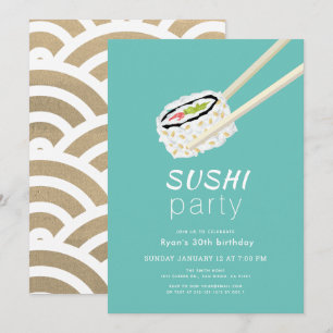 Sushi Party Simple Turquoise & Gold Birthday Invitation