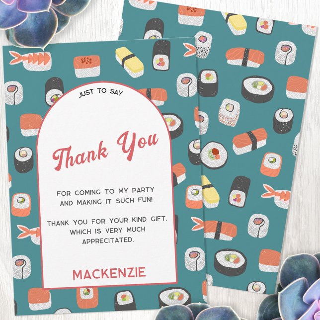 Sushi Party Thank You Card (Japanese sushi themed personalized thank you card with custom text)