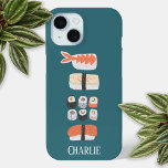 Sushi Personalised iPhone 15 Case<br><div class="desc">Personalised Japanese sushi,  maki roll and nigiri food art.  Protect and make your phone fabulous at the same time.  Original art by Nic Squirrell.  Change or remove the name to customise.</div>