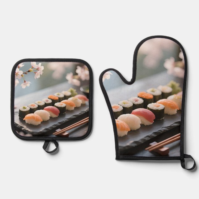Sushi Platter Cherry Blossom Oven Mitt & Pot Holder Set (Front)