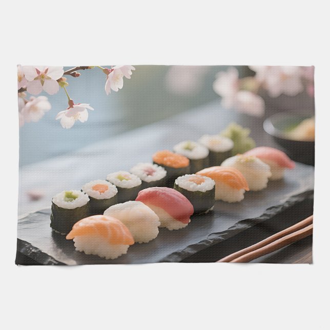 Sushi Platter Cherry Blossom Tea Towel (Horizontal)