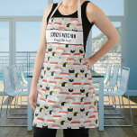 Sushi Restaurant Chef Sobo's Kitchen Custom Text Apron<br><div class="desc">Fun apron featuring a pattern of hand drawn sushi and two lines of custom text. Add a person's name, your Sobo's name, restaurant name, cafe or shop name or delete the text and rectangle and just use the pattern. Perfect for budding chefs, birthday parties, special events, caterers, host/hostess gifts or...</div>
