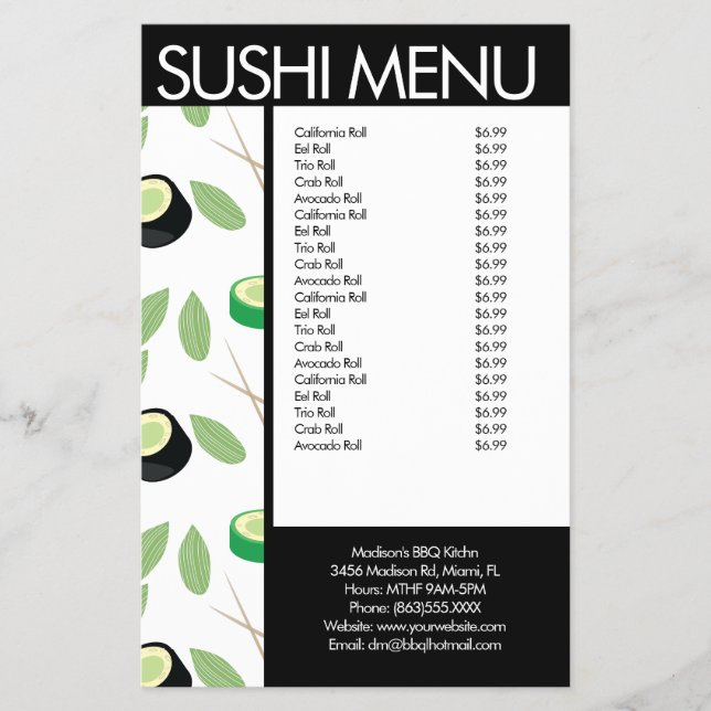 Sushi Roll Asian Restaurant Pattern Menu (Front)