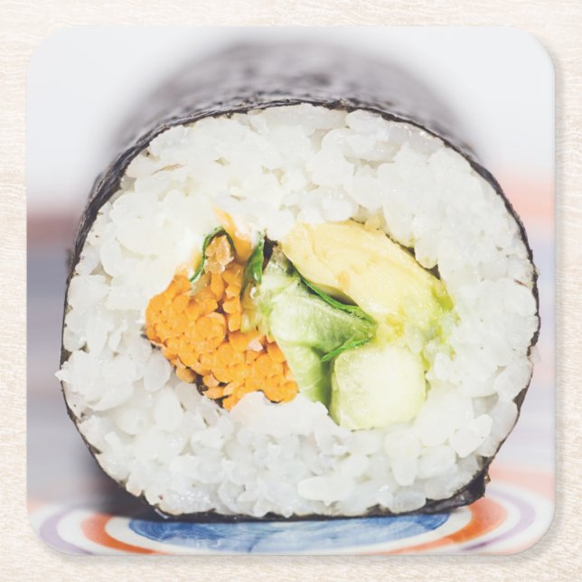Sushi roll Fish and rice Square Paper Coaster (Front)