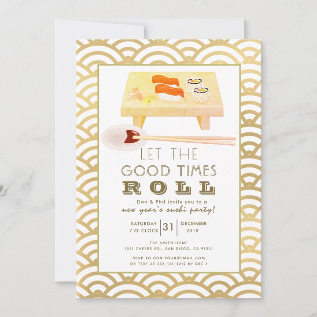 Sushi Roll Gold New Year's Party Invitation (Front)