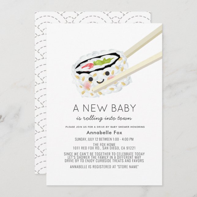 Sushi Roll Kawaii Drive-by Baby Shower Invitation (Front/Back)
