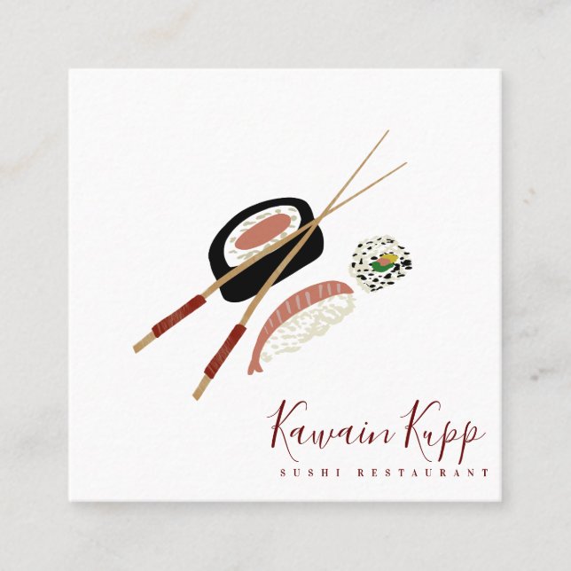 Sushi Rolls Chopstick Burgandy Restaurant Logo Square Business Card (Front)