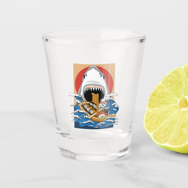 Sushi Shark Attack Illustration Shot Glass (Front)