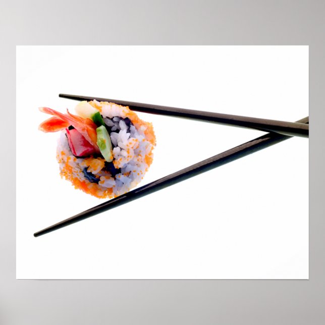 Sushi Shrimp Roll Black Chopsticks on White Japan Poster (Front)