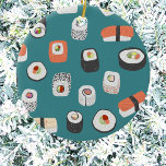 Sushi Teal Ceramic Ornament<br><div class="desc">Show your love of sushi,  nigiri and maki rolls with this fun alternative Christmas ornament.  Original art by Nic Squirrell. 
Try the other shapes to see which you prefer,  or order a variety for cohesive decor!</div>