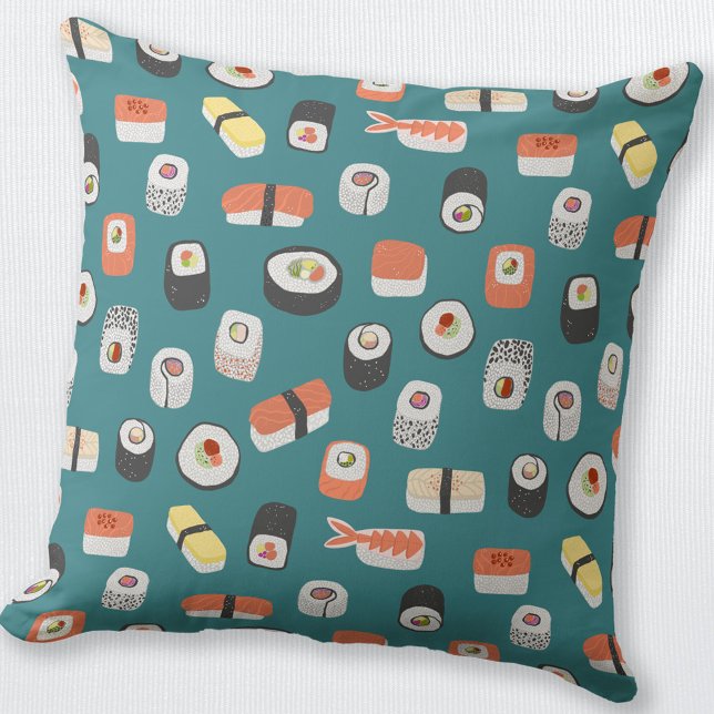 Sushi Teal Green Cushion (Japanese sushi nigiri maki roll teal food art throw pillow)