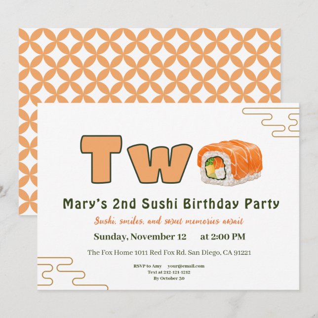  Sushi-Themed 2nd Birthday Invitation (Front/Back)