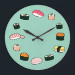 Sushi Time! Funky (Mint) Wall Clock<br><div class="desc">It's sushi time all the time with this funky wall clock featuring cute sushi artwork!</div>