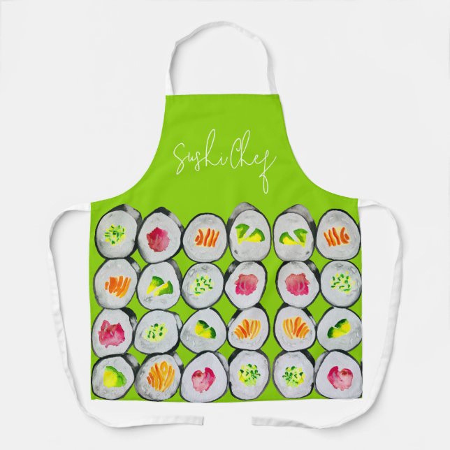 Sushi Time watercolor wasabi Apron (Front)
