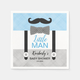 Suspenders bow tie baby blue grey boy baby shower napkin