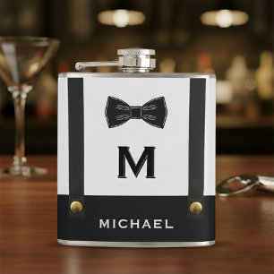 Suspenders & Bowtie Name Monogram Boy Hip Flask