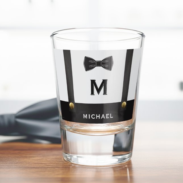 Suspenders & Bowtie Name Monogram Boy  Shot Glass (Creator Uploaded)