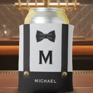 Suspenders & Bowtie Name Monogram Wedding Can Cooler