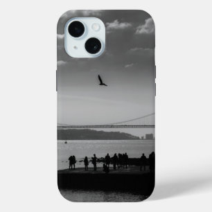 Suspension Bridge in Lisbon Black and White Photo iPhone 15 Case