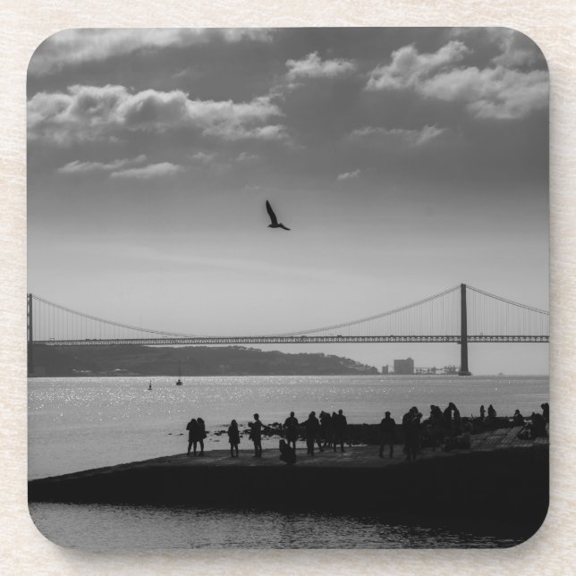 Suspension Bridge in Lisbon Black and White Photo Coaster (Front)