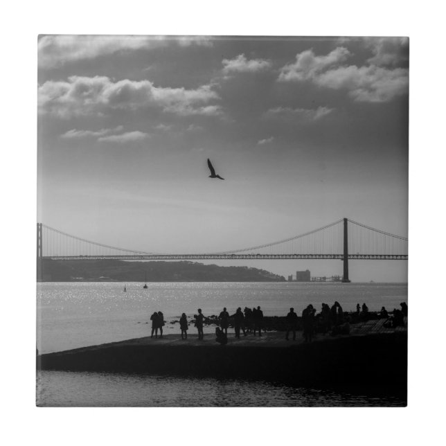 Suspension Bridge in Lisbon Black and White Photo Tile (Front)